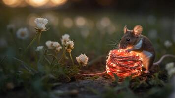 A mouse interacts with a glowing string in a field of flowers during sunset. photo