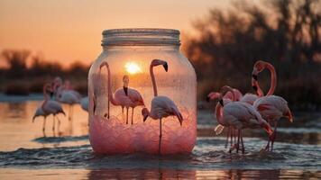 A surreal scene of flamingos in a jar at sunset, blending nature and imagination. photo