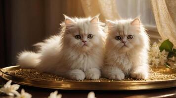 Two fluffy Persian kittens resting on a golden tray with soft lighting and flowers. photo