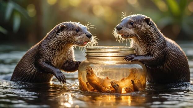 Two otters playfully interact with a jar containing fish in a serene water setting. photo
