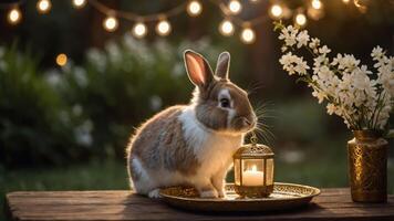 A serene rabbit beside a lantern and flowers, illuminated by soft string lights. photo