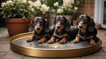 Three adorable dachshunds resting together on a decorative tray surrounded by plants. photo