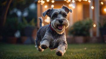 A joyful dog running in a garden with festive lights in the background. photo