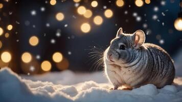 A chinchilla sits in snow with a soft glow of lights in the background, creating a serene atmosphere. photo
