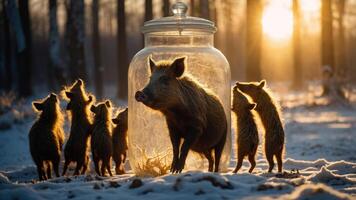 A wild boar and piglets near a large jar in a snowy forest at sunset. photo
