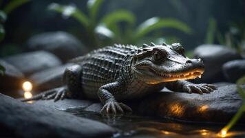A close-up of a crocodile resting on rocks near water, surrounded by greenery and soft lighting. photo