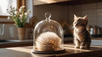 A curious cat gazes at a decorative light under a glass dome in a cozy kitchen setting. photo