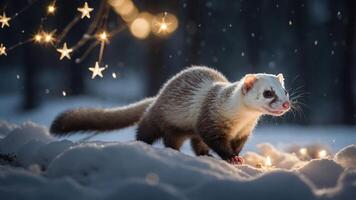 A ferret in the snow, surrounded by twinkling lights and a starry atmosphere. photo