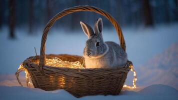 A rabbit resting in a woven basket illuminated by fairy lights in a snowy landscape. photo