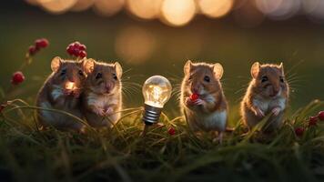 Four cute hamsters gathered around a glowing light bulb in a grassy setting. photo