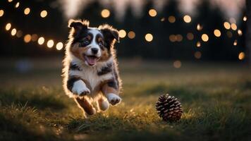 A playful puppy runs towards a pine cone in a softly lit outdoor setting. photo