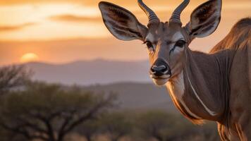 A close-up of an antelope against a sunset backdrop in a natural setting. photo