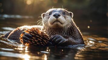 A playful otter holds a pine cone while swimming in a sunlit, serene water environment. photo