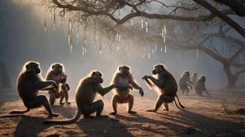 A group of baboons interacting in a misty landscape, showcasing social behavior in nature. photo