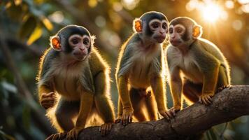 Three monkeys perched on a branch, illuminated by sunlight in a natural setting. photo