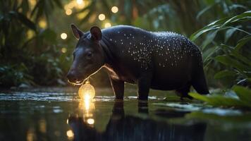 A tapir stands in a serene water setting, illuminated by soft lights amidst lush greenery. photo