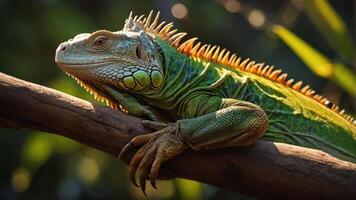 A vibrant green iguana resting on a branch in a natural setting. photo
