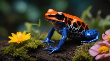 A vibrant frog perched on a mossy log surrounded by colorful flowers in a natural setting. photo