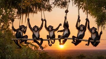 Six monkeys hanging on a branch during a sunset, showcasing playful interaction in nature. photo