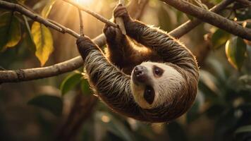 A sloth hanging from a branch in a sunlit forest, showcasing its relaxed nature. photo