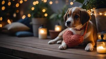 A cozy dog resting with a heart-shaped pillow surrounded by warm lights and plants. photo