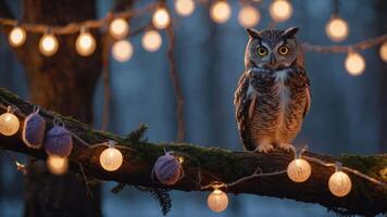 An owl perched on a branch adorned with glowing lights in a serene, twilight setting. photo
