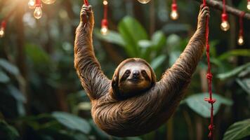 A sloth hanging from a rope amidst lush greenery and decorative lights. photo