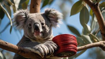A koala resting on a tree branch with a spool of red thread beside it. photo