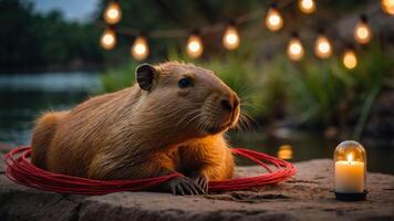 A capybara rests by a serene water setting, illuminated by warm string lights and a candle. photo