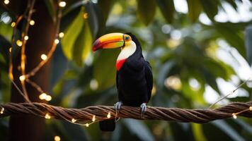 A vibrant toucan perched on a rope among lush greenery and soft lights. photo