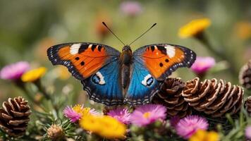 A vibrant butterfly perched on colorful flowers with pine cones in the background. photo