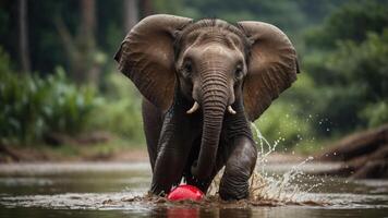 An elephant playfully splashes in a river while interacting with a red ball. photo