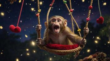 A playful monkey swings joyfully in a whimsical nighttime setting. photo