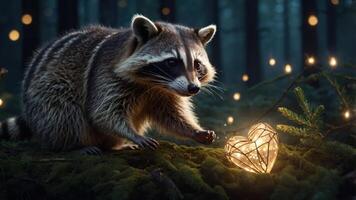 A raccoon curiously approaches a glowing heart-shaped decoration in a forest setting. photo