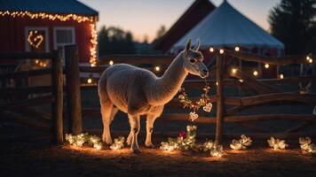 A festive llama stands by a fence adorned with lights and decorations at sunset. photo