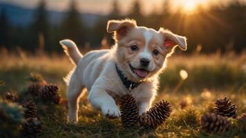 A playful puppy running through a field with pine cones at sunset. photo