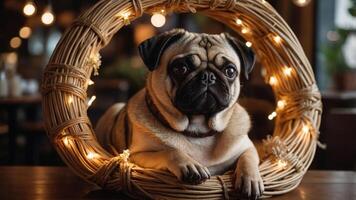 A pug resting inside a decorative wreath with lights, creating a cozy atmosphere. photo