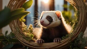 A playful ferret peeks through a woven basket surrounded by greenery in a cozy setting. photo
