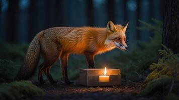 A fox curiously approaches a wooden box with a lit candle in a forest setting. photo