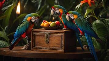 Three colorful macaws perched around a wooden box with fruits, set in a lush tropical environment. photo