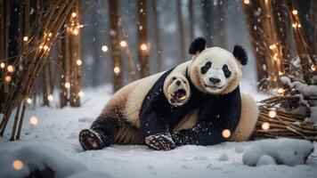 A serene scene of two pandas in a snowy bamboo forest, evoking warmth and tenderness. photo