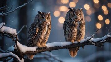 Two owls perched on a snowy branch with soft bokeh lights in the background. photo
