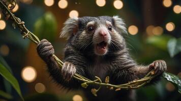 A small, furry animal clings to a branch amidst a backdrop of soft lights and greenery. photo