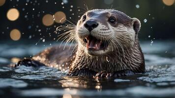 A playful otter emerges from the water, droplets glistening around it in a serene setting. photo