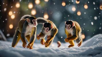 Three monkeys playfully running in the snow with festive lights in the background. photo