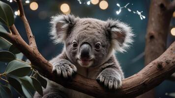 A close-up of a koala resting on a tree branch with soft lighting and a serene background. photo