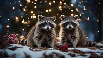 Two raccoons in a snowy setting with festive lights and an apple. photo