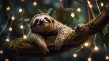 A sloth resting on a mossy branch surrounded by soft, glowing lights in a lush environment. photo