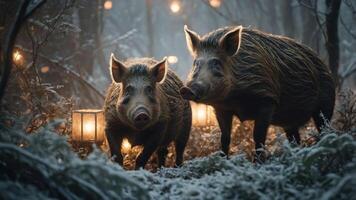 Two wild boars in a snowy forest, illuminated by lanterns, creating a magical atmosphere. photo