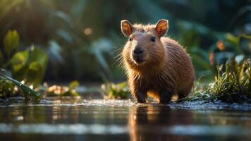 A capybara stands in shallow water surrounded by lush greenery, illuminated by soft sunlight. photo